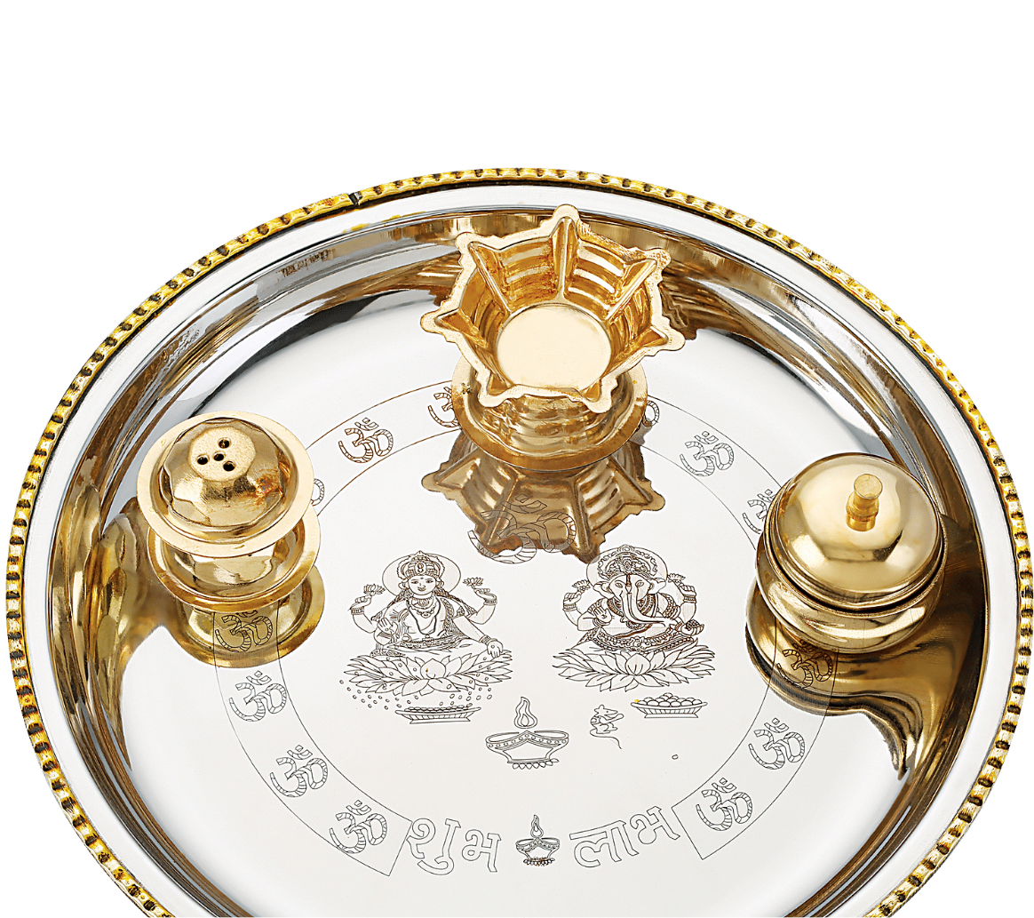 Stainless Steel Puja Pooja Aarti Thali Set, 22 cm With Diya, Agarbatti Incense Holder & Kumkum Vati, Silver