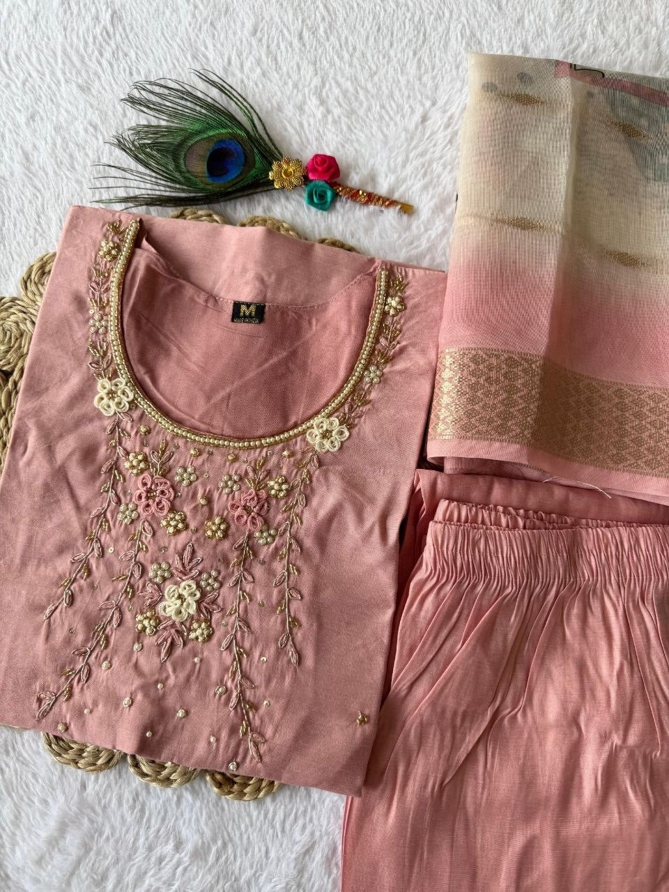 Peach Roman Silk Kurti set| Luxury Emporium |