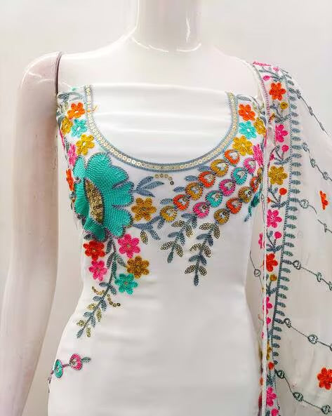 LUXURY EMPORIUM | Floral Embellished Sequined Silk Georgette Unstitched Dress Material| NOORANI LIKE WHITE