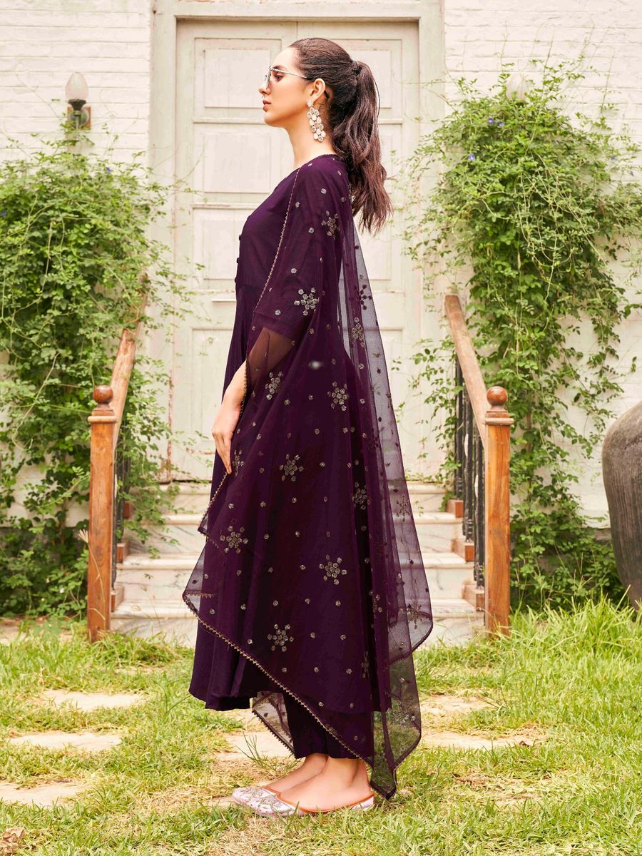 Burgundy Poly Crepe Solid Flared Kurta with Pant and Dupatta (Set of 3)| LUXURY EMPORIUM