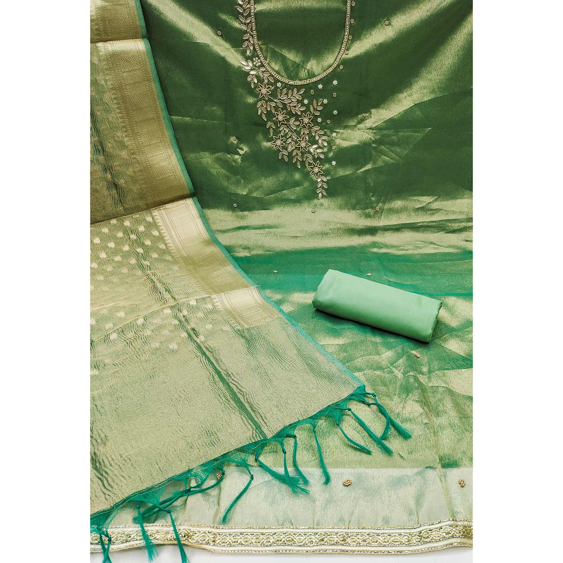 Green Moti & Gota Patti Handwork Viscose PARTY WEAR Dress Material| LUXURY EMPORIUM