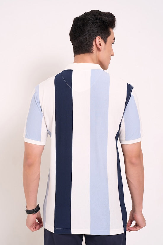 White Colourblocked Casual Half Sleeves Polo Collar Men Slim Fit T-Shirt