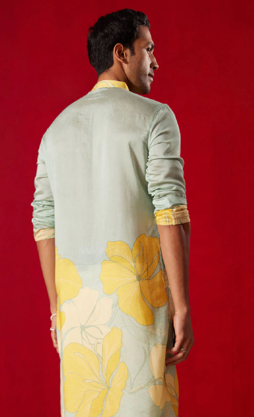 Men's Multicolor Base Yellow cotton Printed Kurta|LUXURY EMPORIUM