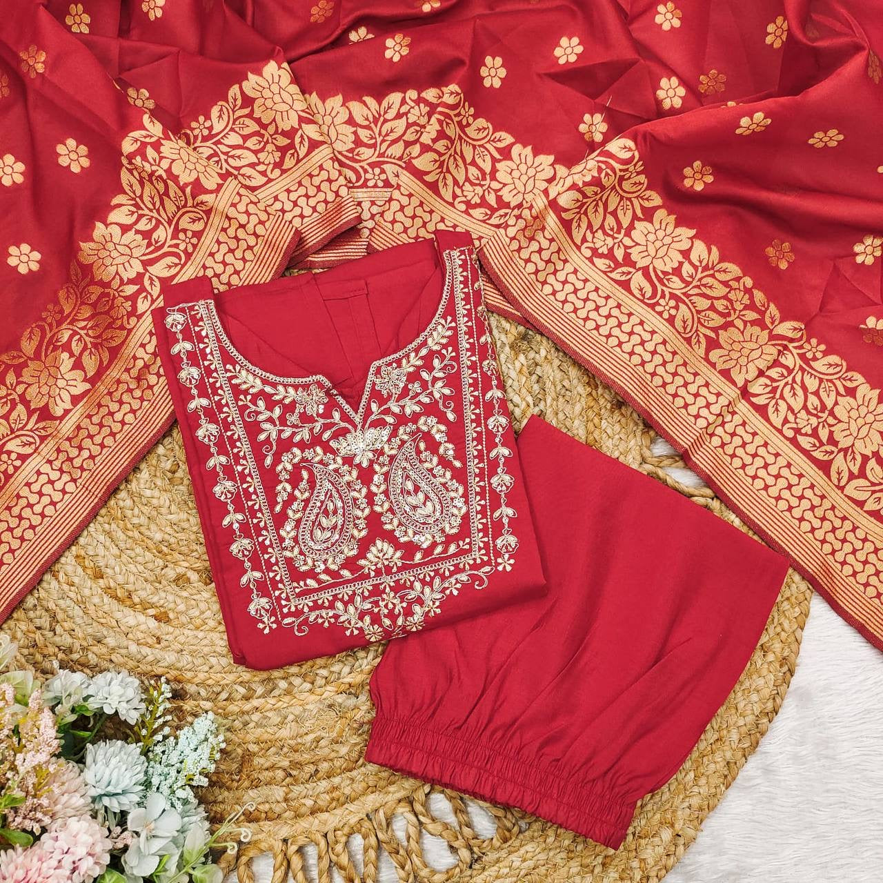 Red Roman Silk Suit | HEAVY FULLY STITCHED 3 pic SUIT SET| Luxury Emporium