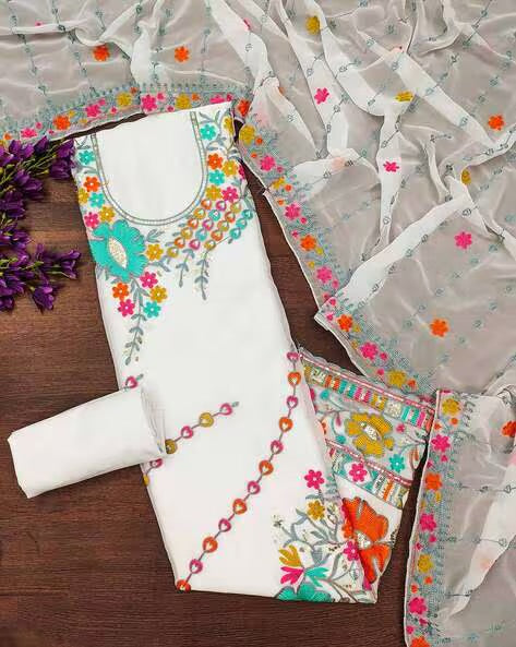 LUXURY EMPORIUM | Floral Embellished Sequined Silk Georgette Unstitched Dress Material| NOORANI LIKE WHITE