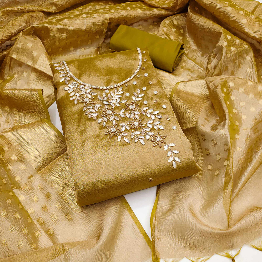 Green Moti & Gota Patti Handwork Viscose PARTY WEAR Dress Material| LUXURY EMPORIUM