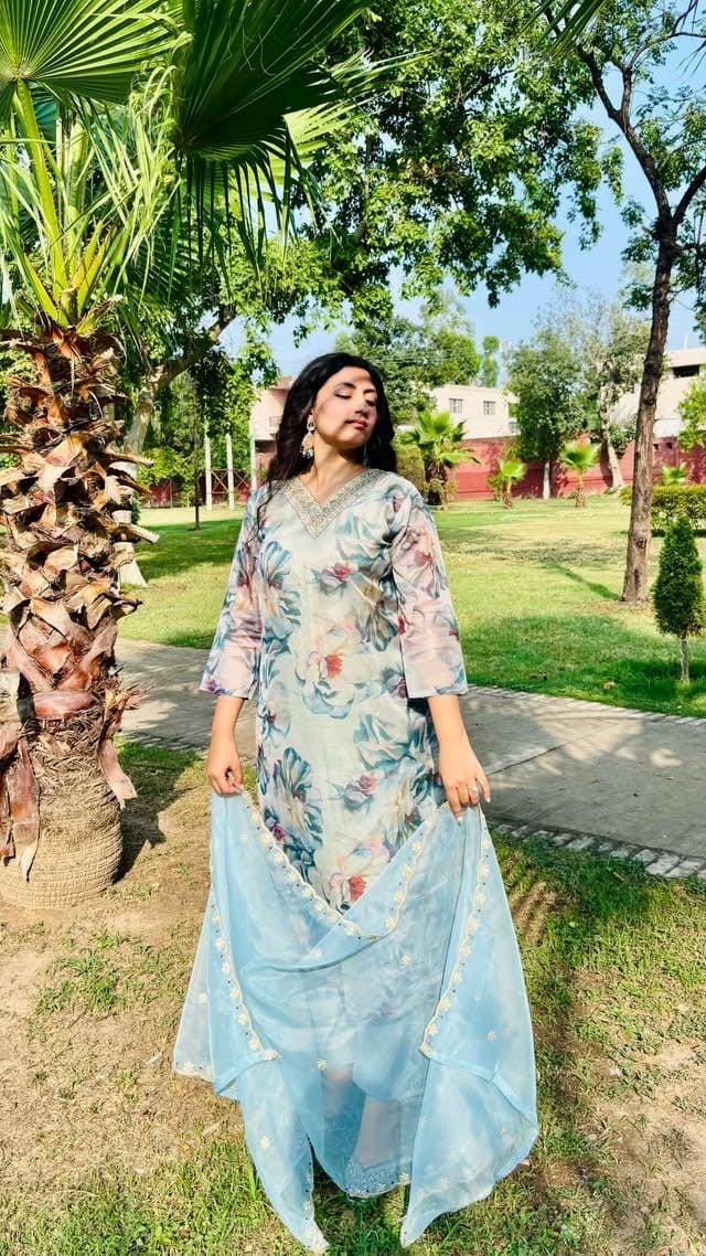 Sea Green Printed Organza Unstitched Salwar Suit| LUXURY EMPRORIUM | PARTYWEAR FITS|