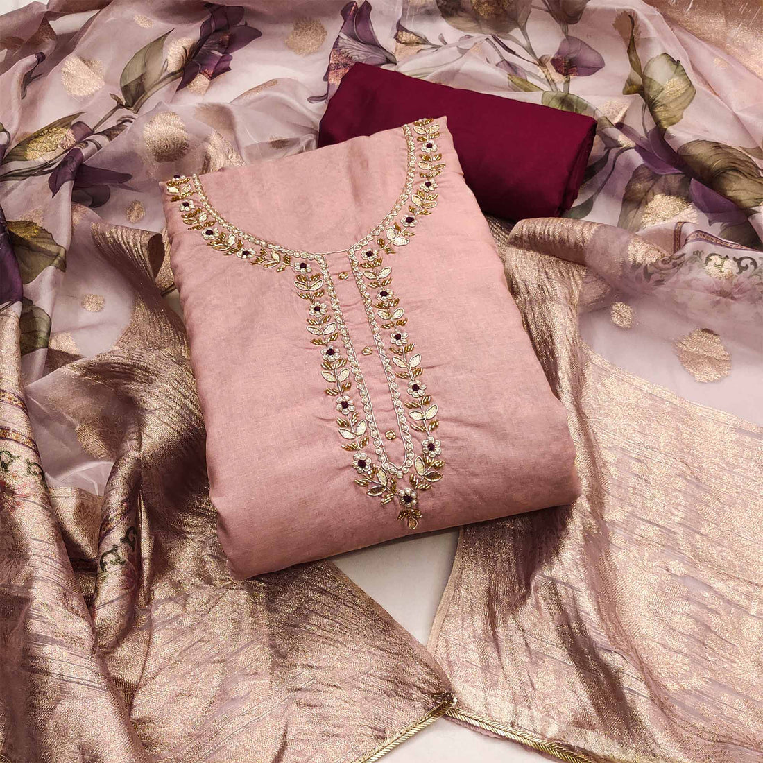 Peach Floral Digital Printed SUIT PIECE | Handwork Pure Cotton Dress Material|LUXURY EMPORIUM