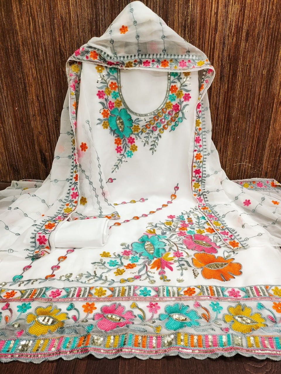 LUXURY EMPORIUM | Floral Embellished Sequined Silk Georgette Unstitched Dress Material| NOORANI LIKE WHITE