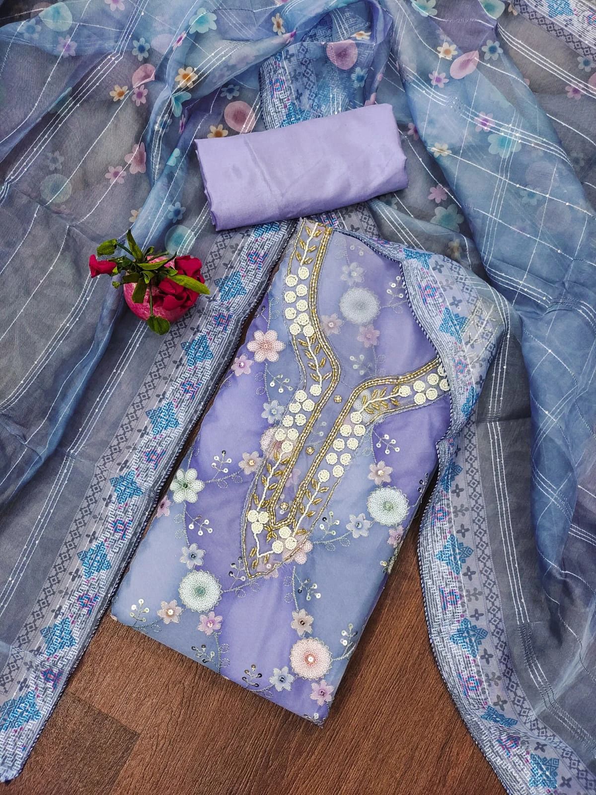 Light Purple Floral Sequins Embroidered Organza Dress Material