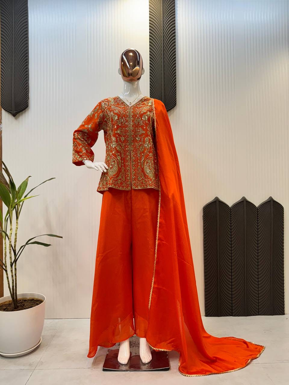 Chinon EMBROIDERY PLAZZO WITH KURTI ~ LUXURY EMPORIUM | |PARTYWEAR OCCASION ORANGE |