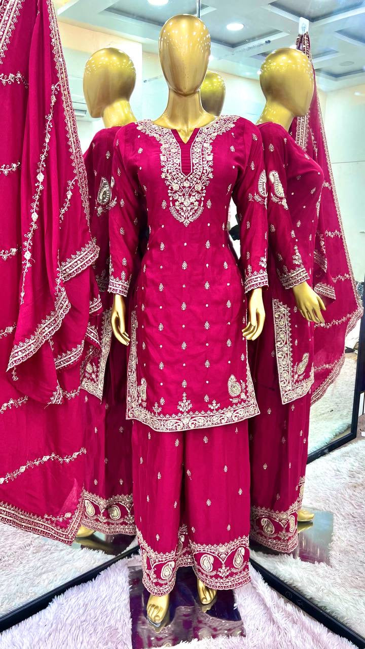 LUXURY EMPORIUM | Pure Chinnon With Embroidery Sequence Work Top-Bottom And Dupatta Set Fully Stitched Ready To Wear