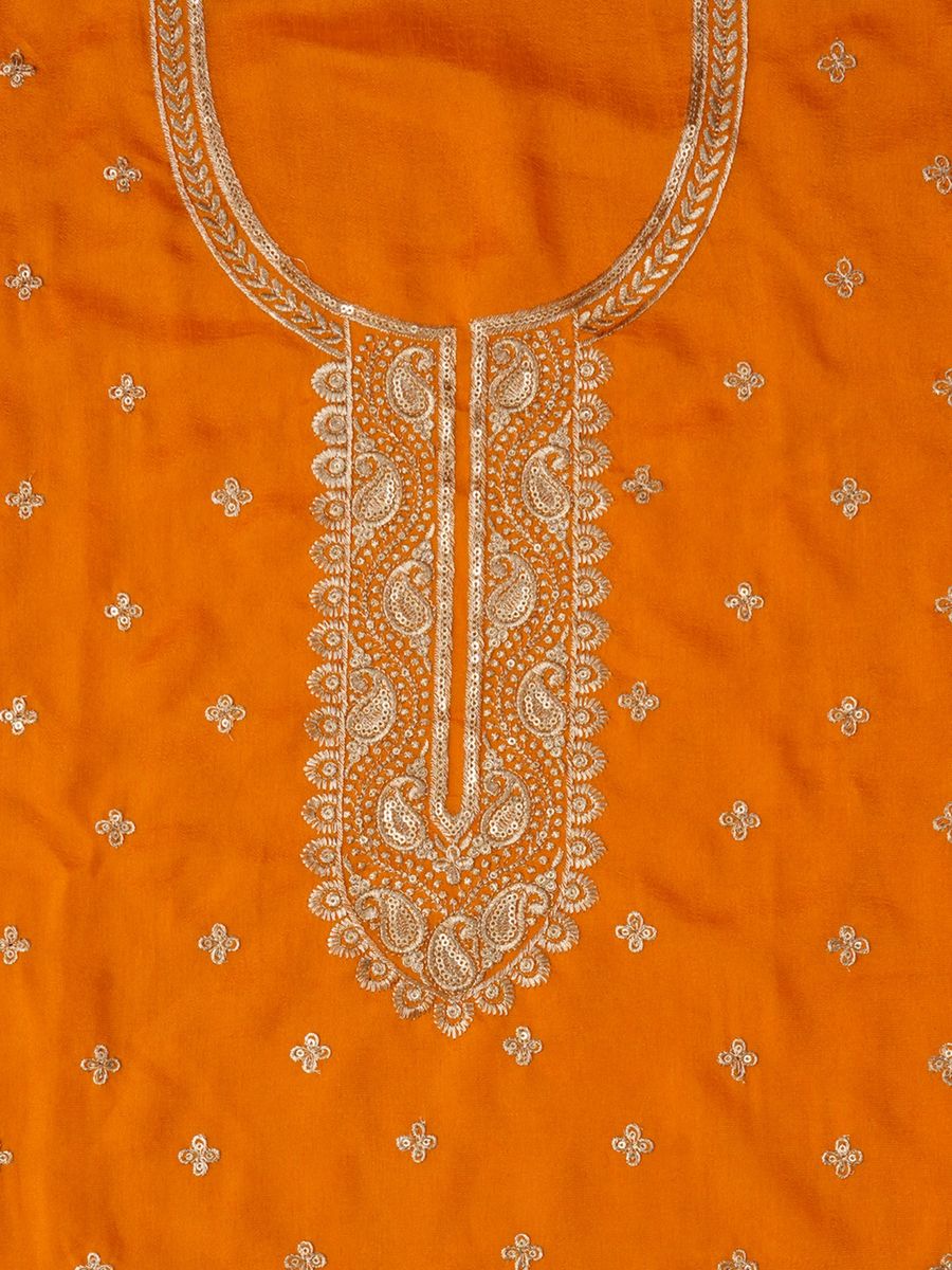 Orange Unstitched Embroidered Cotton Blend Dress Material with Dupatta | LUXURY EMPORIUM |
