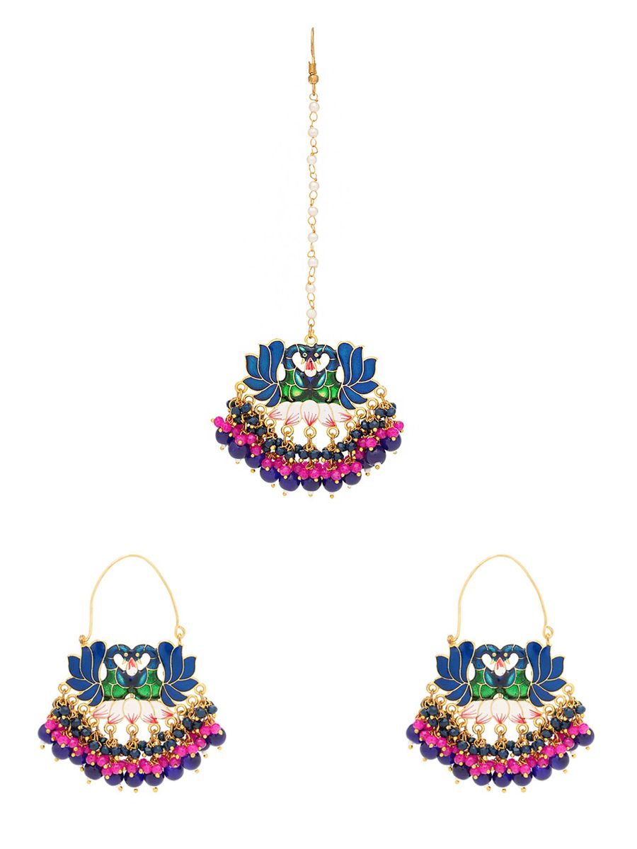 Gold Toned Beads Drop Peacock Designed Meenakari Earrings with Maang Tikka | LUXURYEMPORIUM | Women fashion