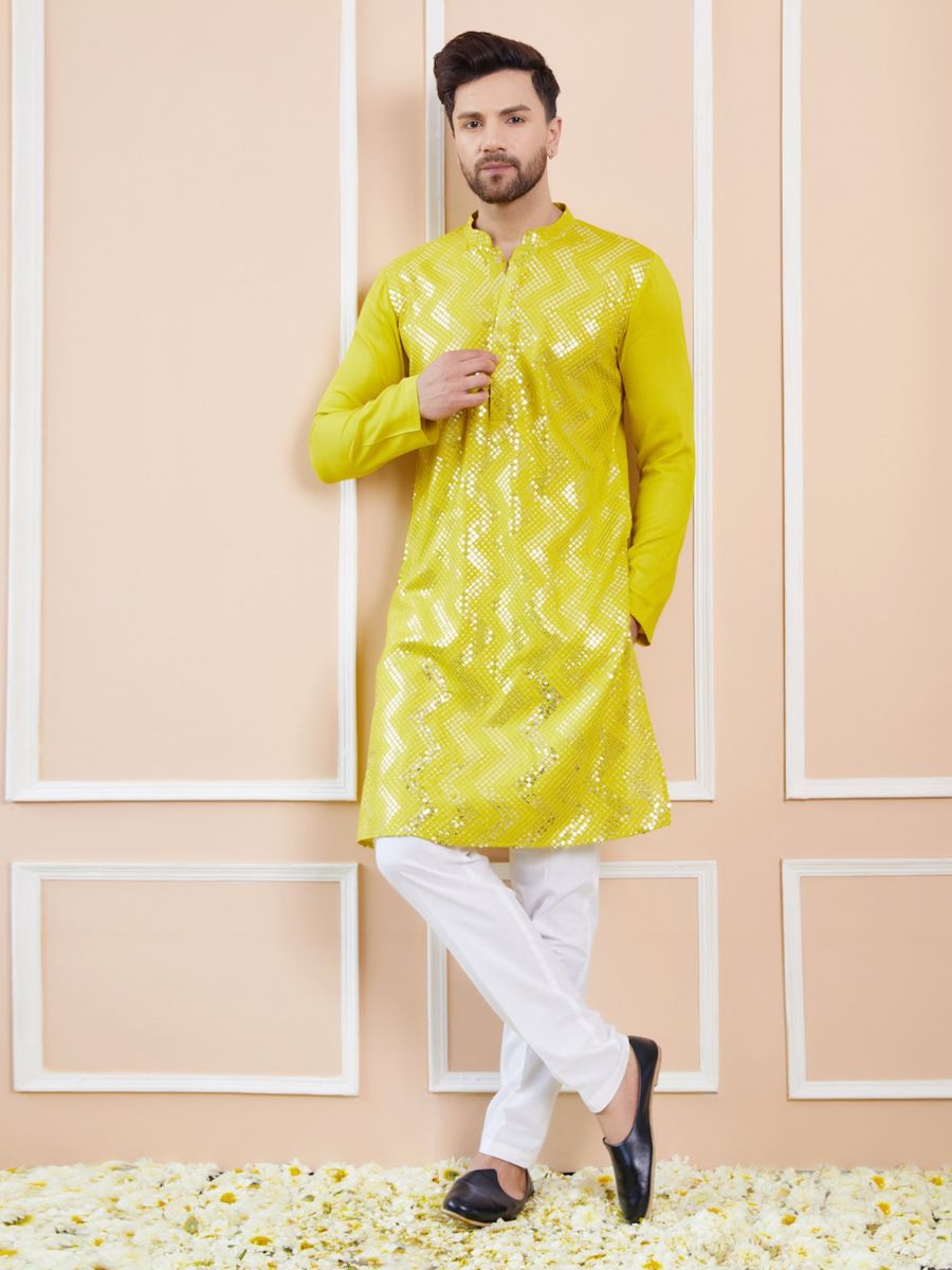 Luxury Emporium Men Lime Green Sequins Woven Designs Kurta