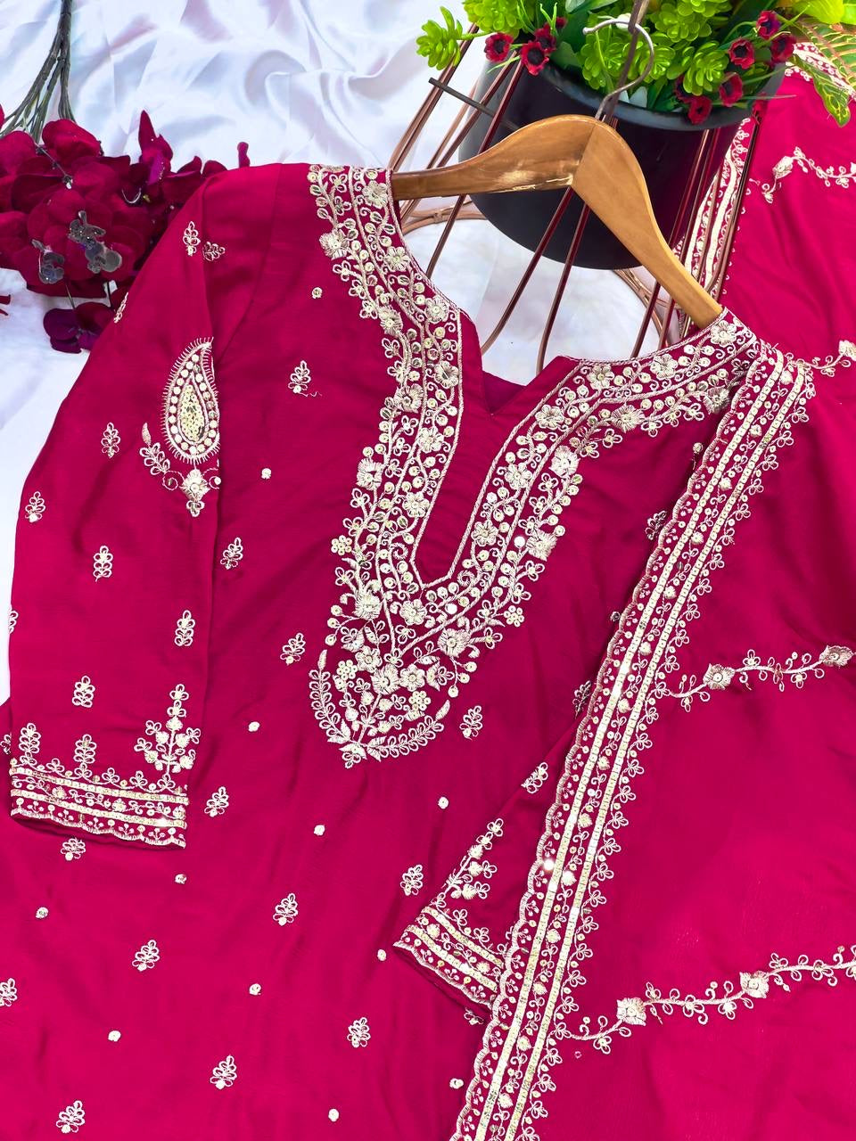 LUXURY EMPORIUM | Pure Chinnon With Embroidery Sequence Work Top-Bottom And Dupatta Set Fully Stitched Ready To Wear