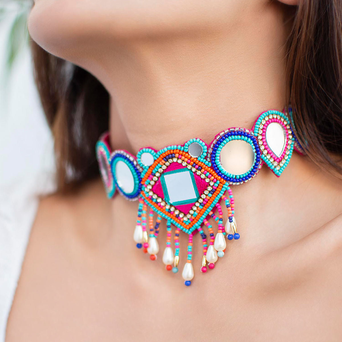 Multi Color Mirror Work Beaded Choker Necklace for Beautiful