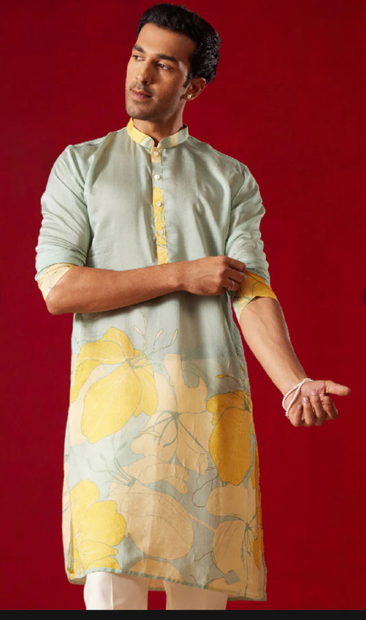 Men's Multicolor Base Yellow cotton Printed Kurta|LUXURY EMPORIUM