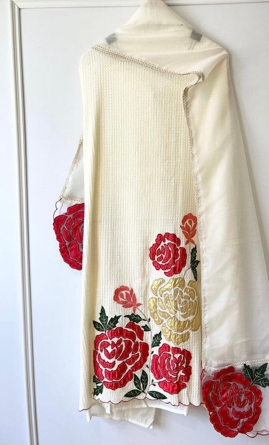 GULAB WHITE ROMAN SILK UNSTITCHED -SET OF 3 -|LUXURY EMPORIUM