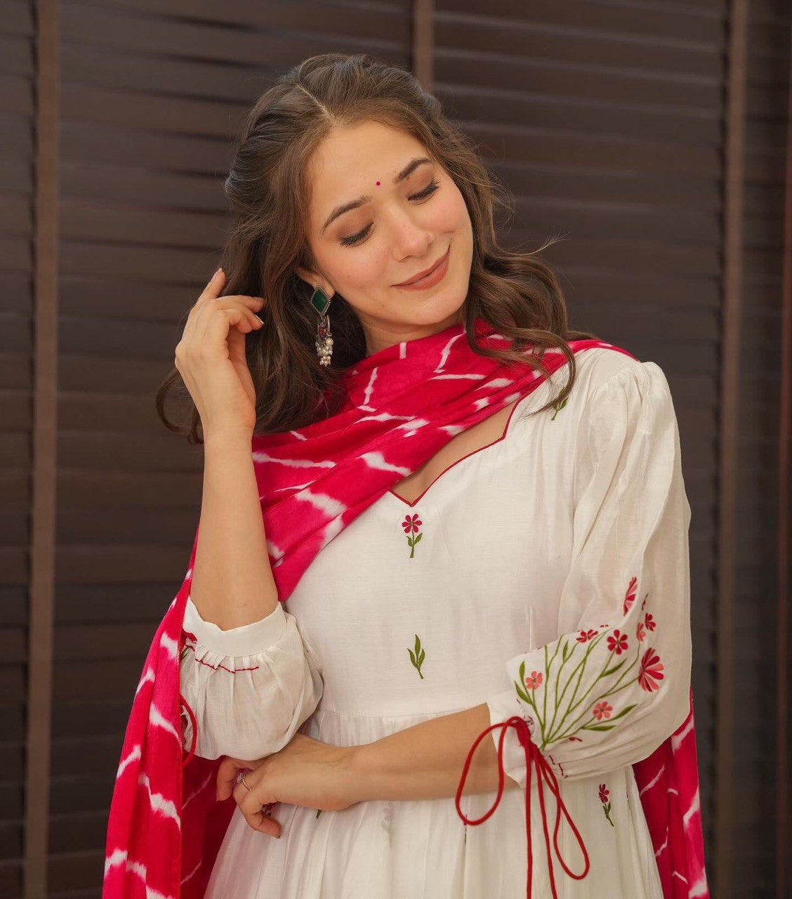 White Anarkali with red bandhej dupatta