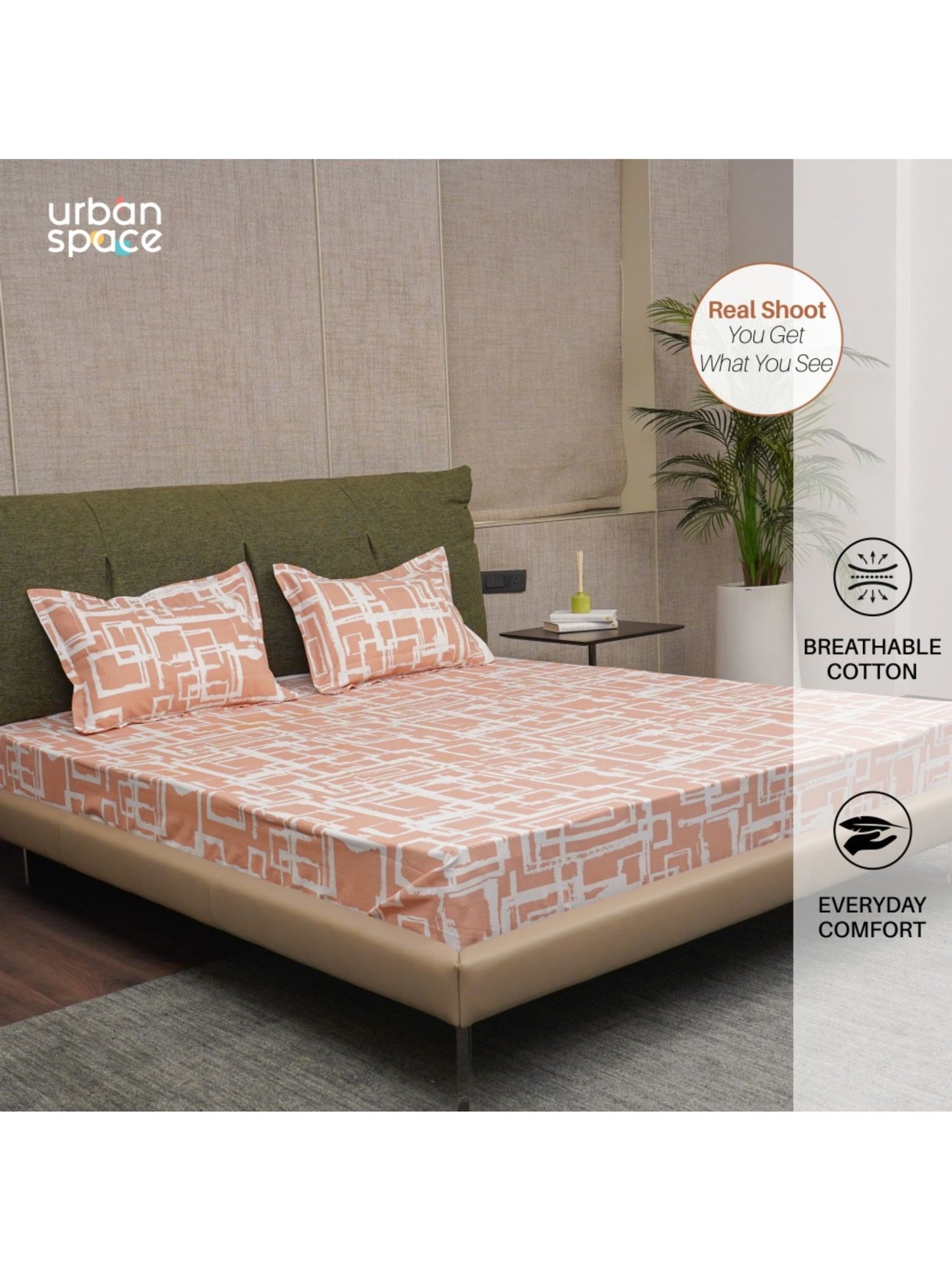 Urban Space
Serene 200 Tc Cotton Bedsheets with Pillow Cover Peach
