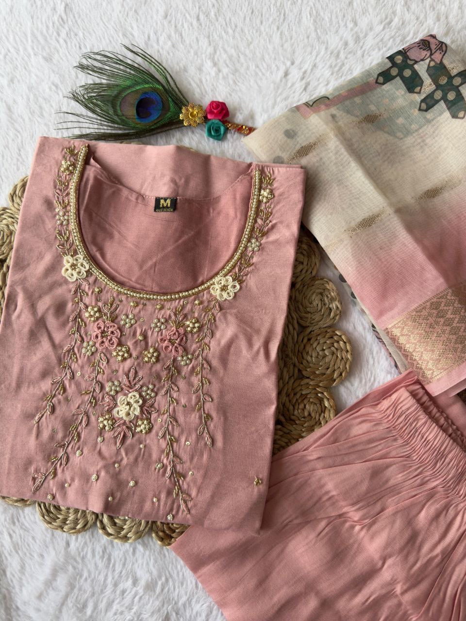 Peach Roman Silk Kurti set| Luxury Emporium |