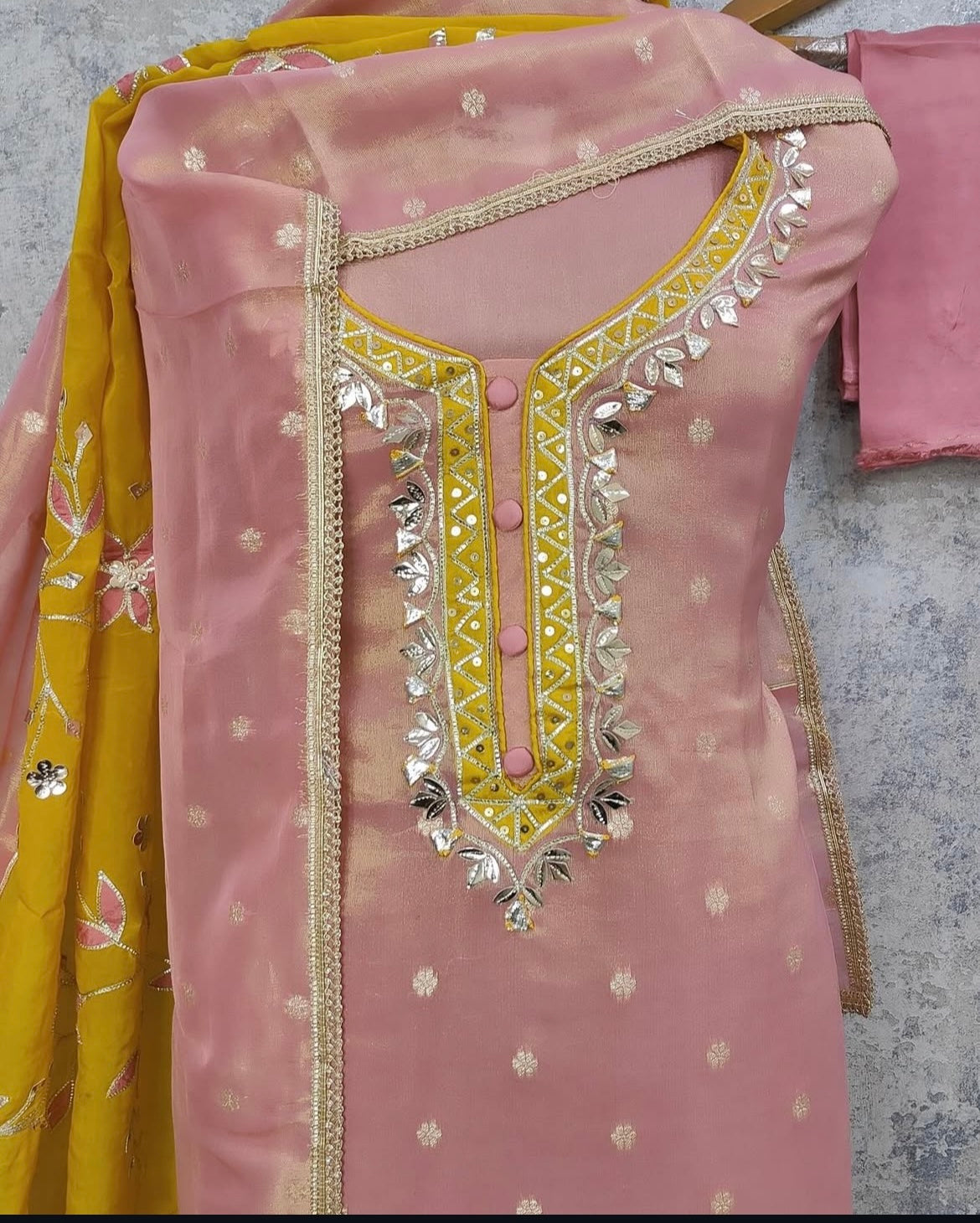 Peshwari | shimmer silk paired with hand gota & leather work highlighted with sequence | LUXURY EMPORIUM/