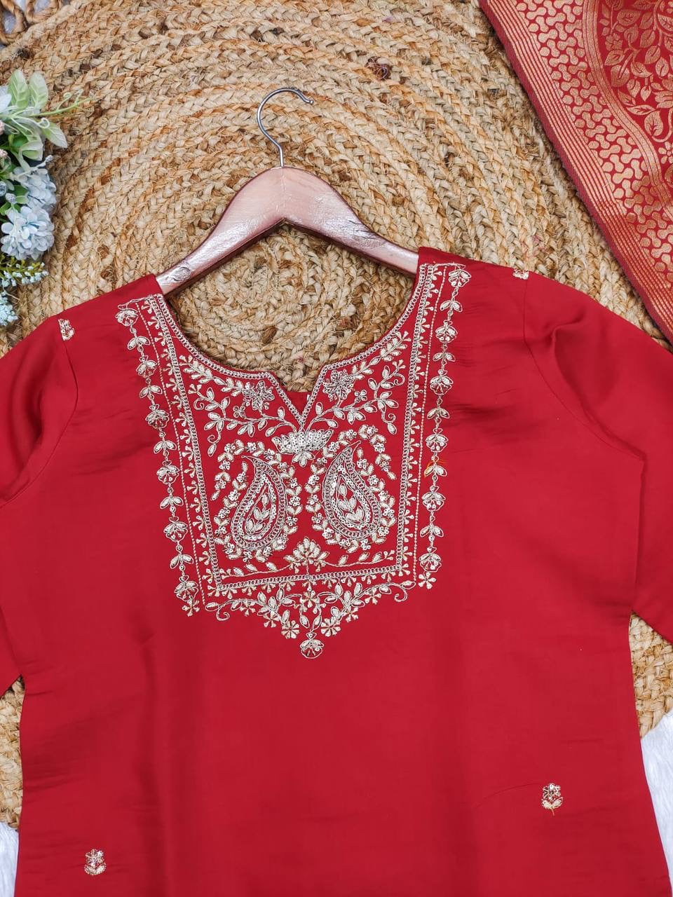 Red Roman Silk Suit | HEAVY FULLY STITCHED 3 pic SUIT SET| Luxury Emporium