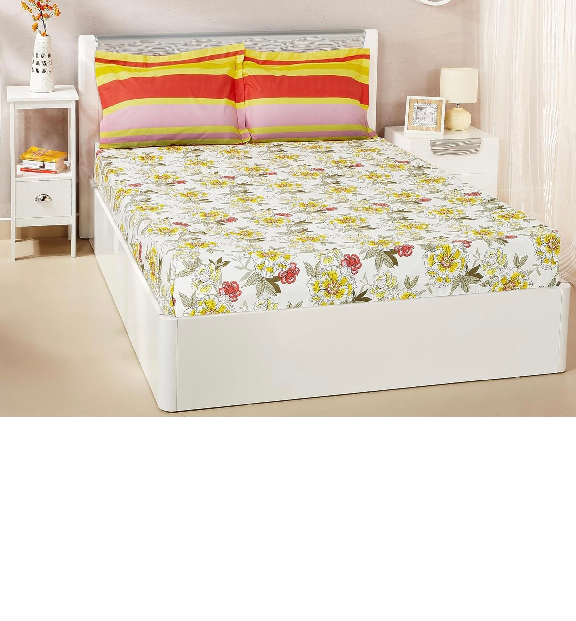 Blossoms 144 TC 100% Cotton King Bedsheet with Two Pillow Covers, Soft and Smooth (Floral, Red and White)