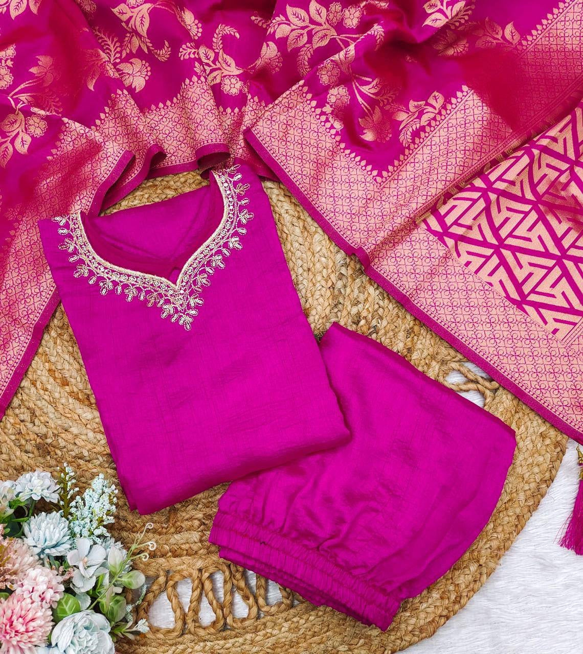 Rani Rang Suit dupatta set | Luxury Emporium | thread work embroidered