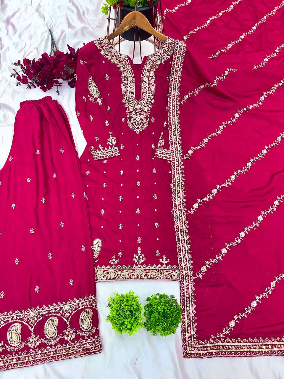 LUXURY EMPORIUM | Pure Chinnon With Embroidery Sequence Work Top-Bottom And Dupatta Set Fully Stitched Ready To Wear