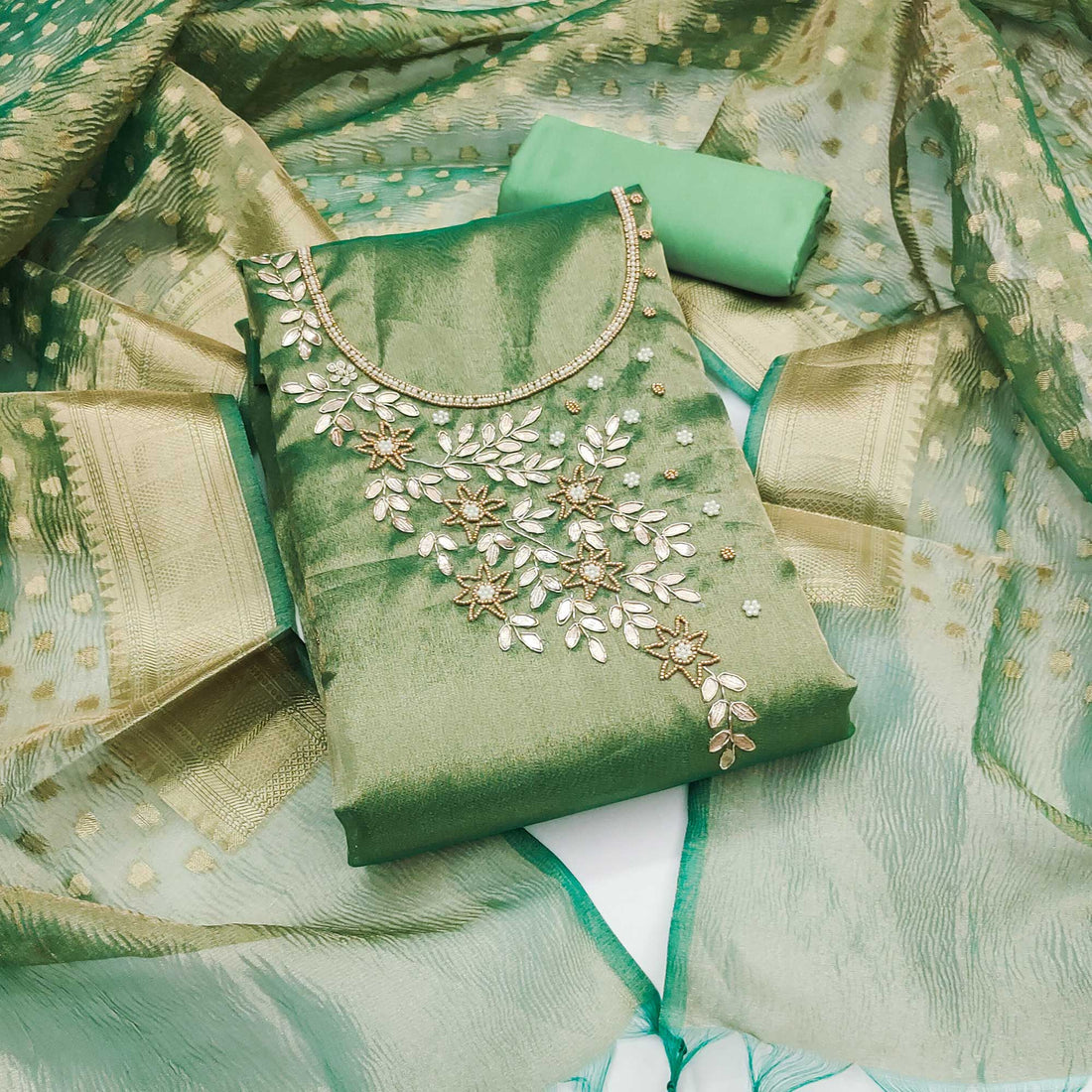 Green Moti & Gota Patti Handwork Viscose PARTY WEAR Dress Material| LUXURY EMPORIUM