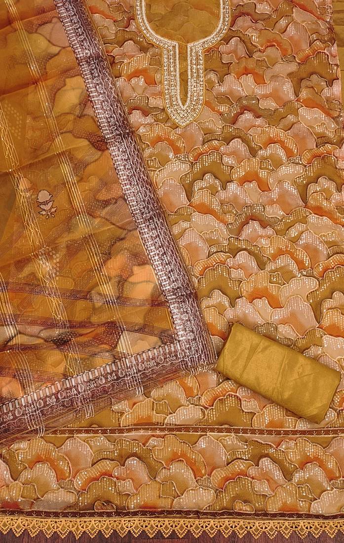 Women's Mustard Organza Sequinned Unstitched Dress Material
