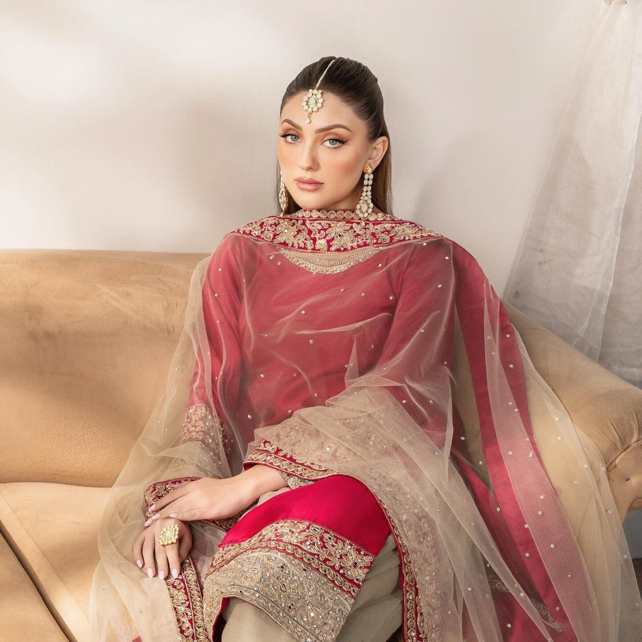 Luxury Emporium | RED Cream Partywear Suit with Gotta patti