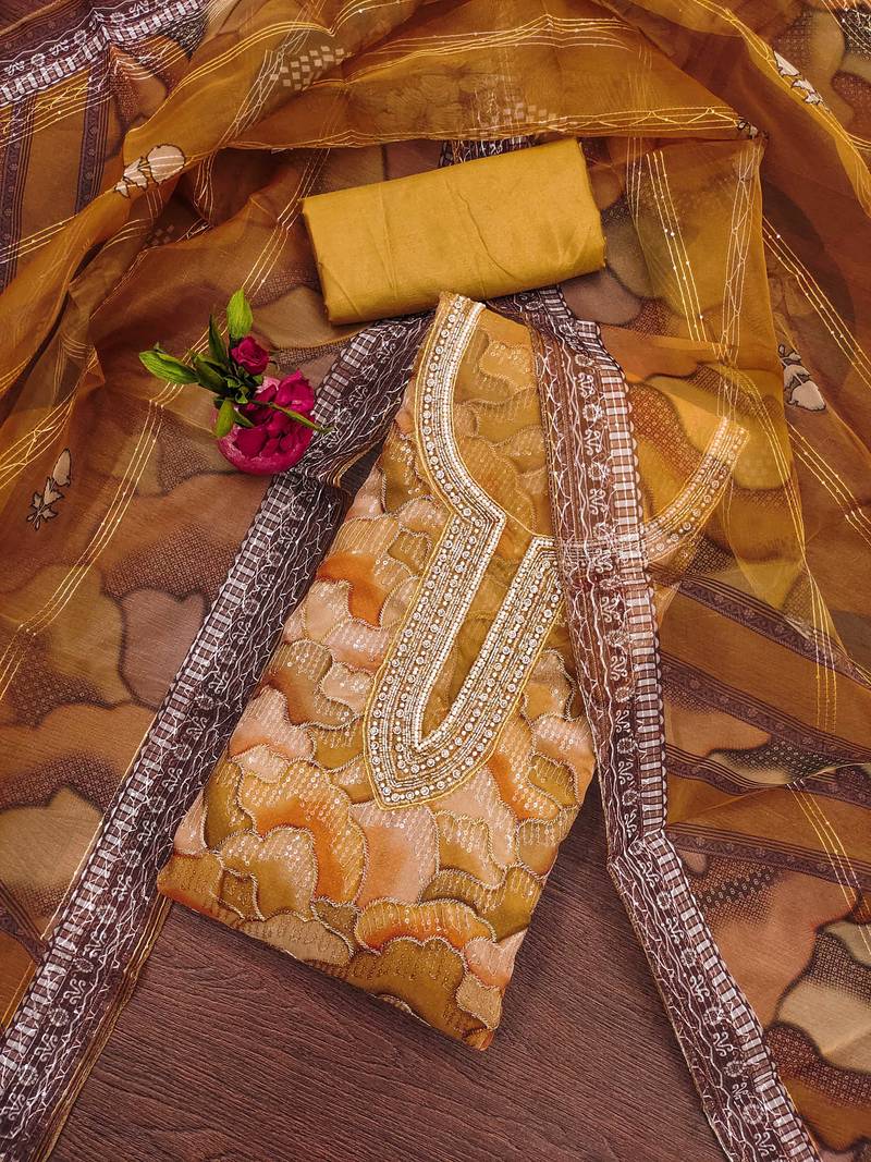 Women's Mustard Organza Sequinned Unstitched Dress Material
