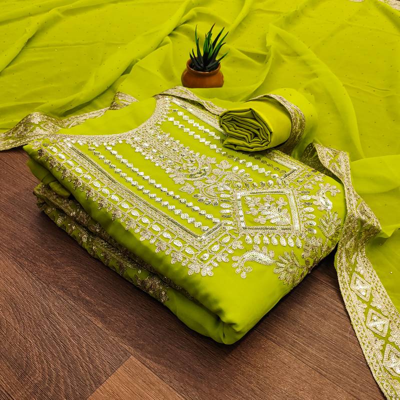 LUXURY EMPORIUM | unstitched suit material Green Parrot | HEAVY WORK ALL OVER