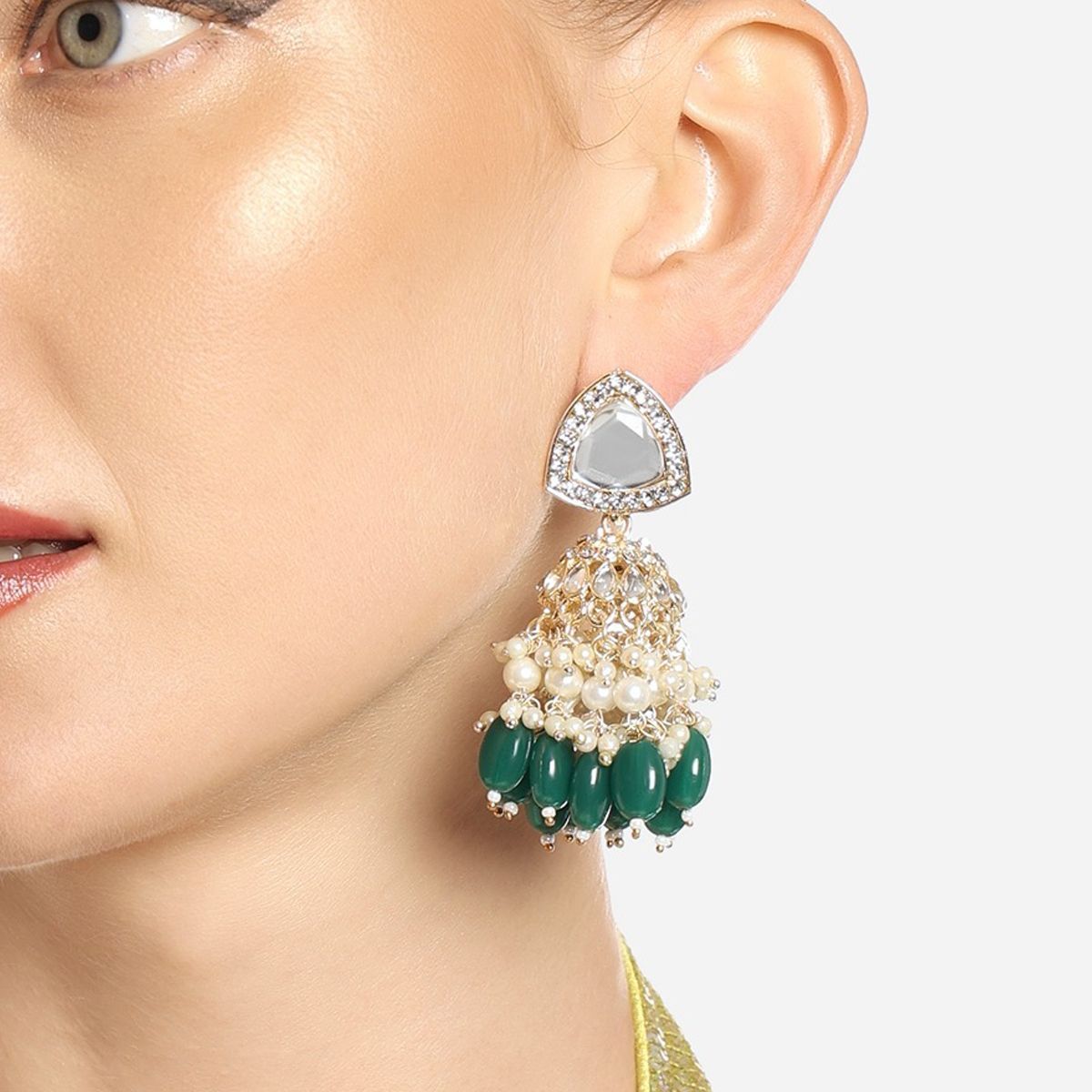 Zaveri Pearls Green Stones Cluster Beads Drop Jhumka Earrings