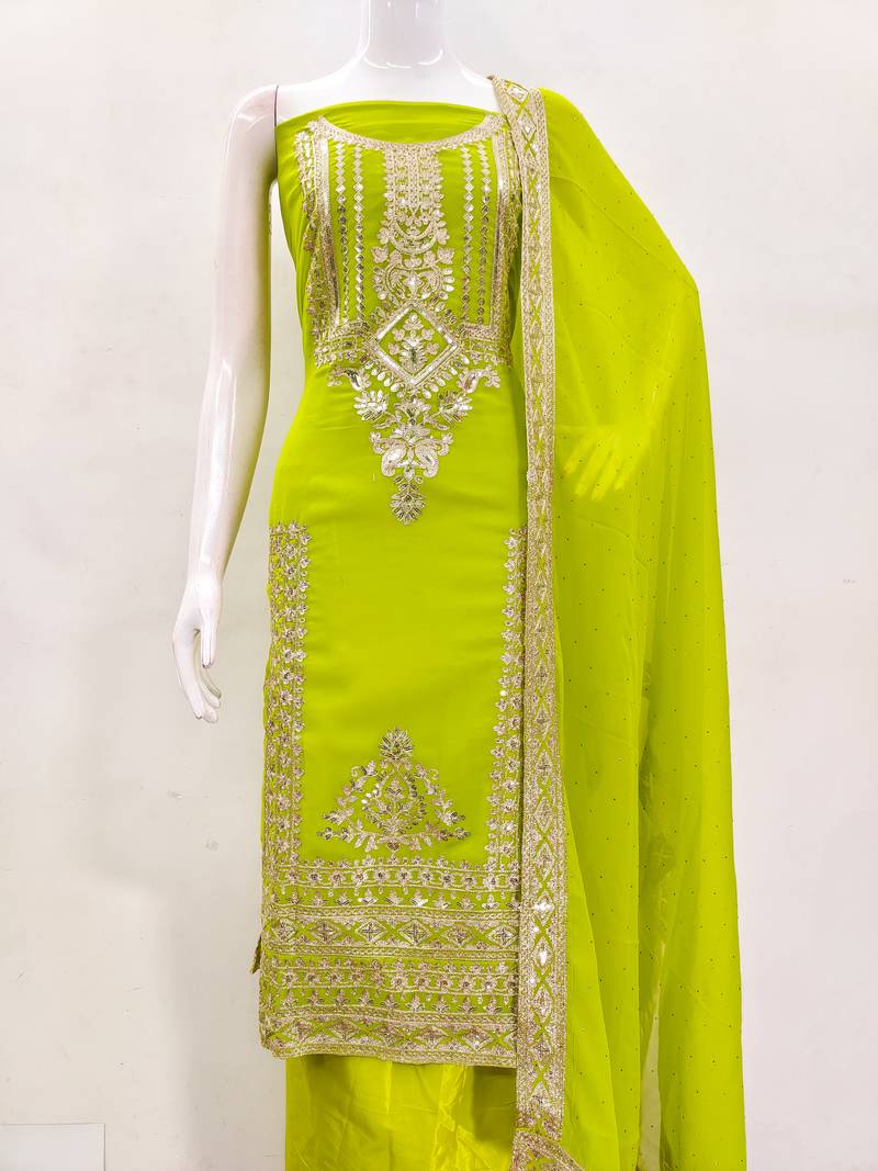 LUXURY EMPORIUM | unstitched suit material Green Parrot | HEAVY WORK ALL OVER