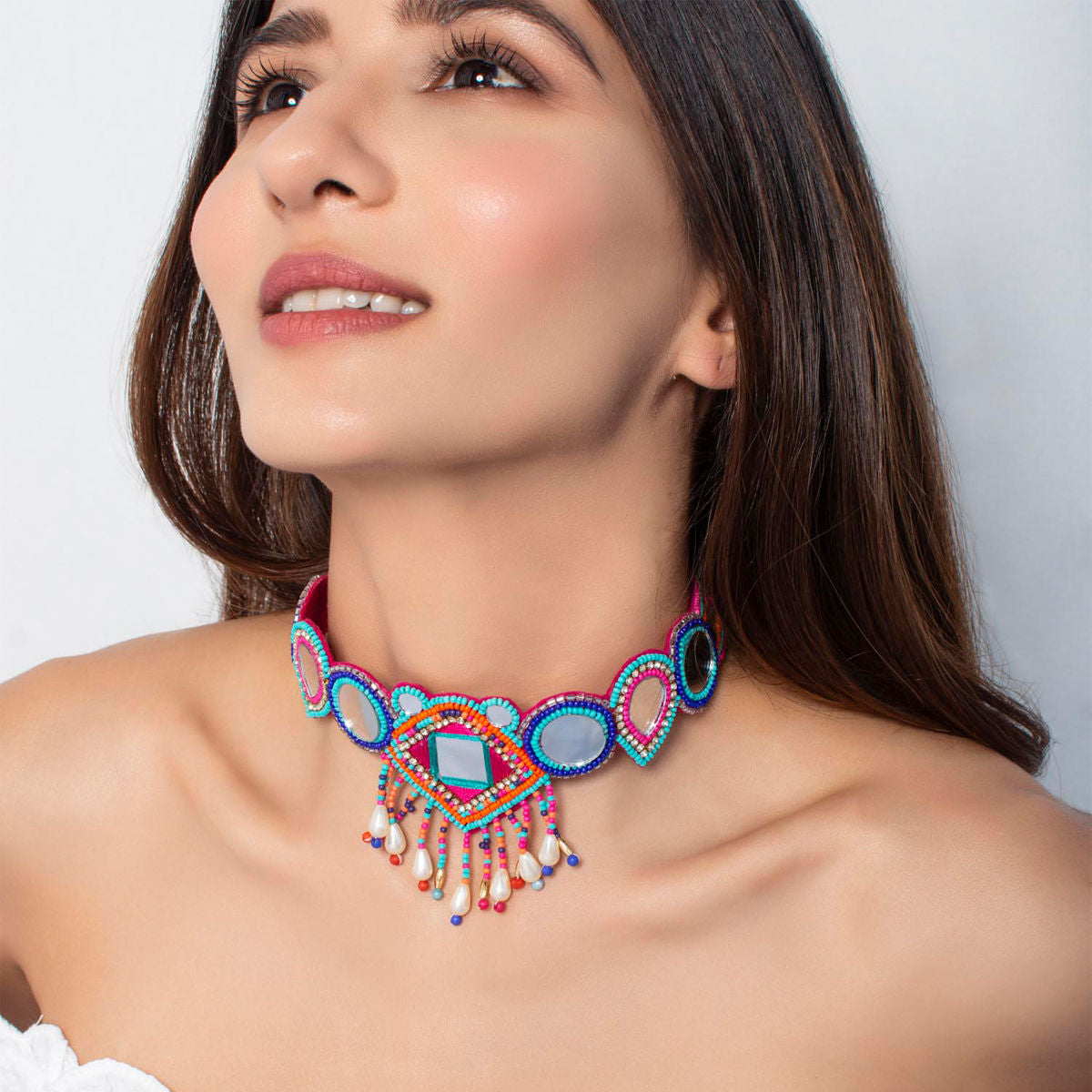 Multi Color Mirror Work Beaded Choker Necklace for Beautiful