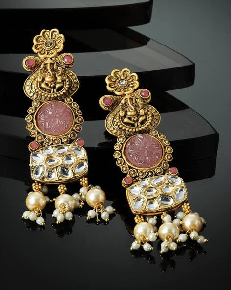 Luxury Empo Gold Plated Kundan Studded & Beaded Drop Earrings