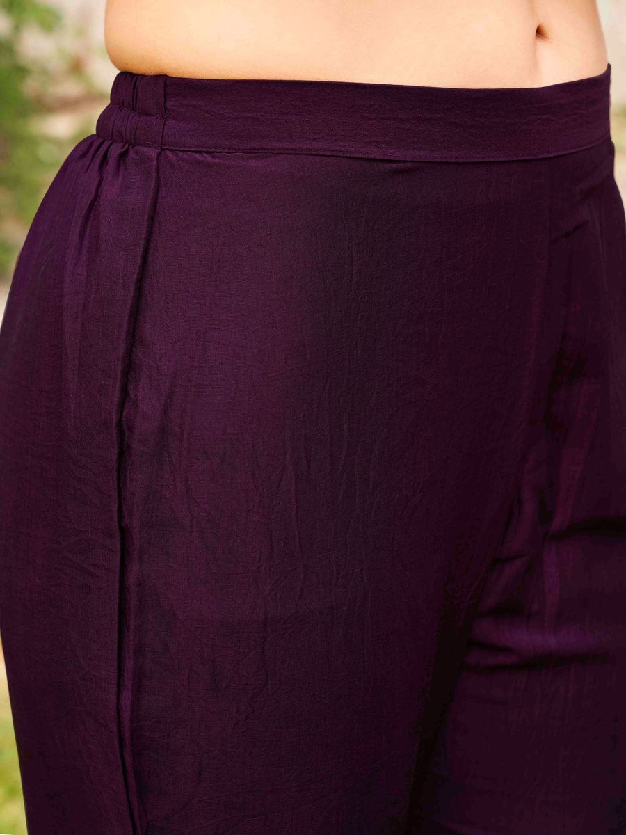 Burgundy Poly Crepe Solid Flared Kurta with Pant and Dupatta (Set of 3)| LUXURY EMPORIUM