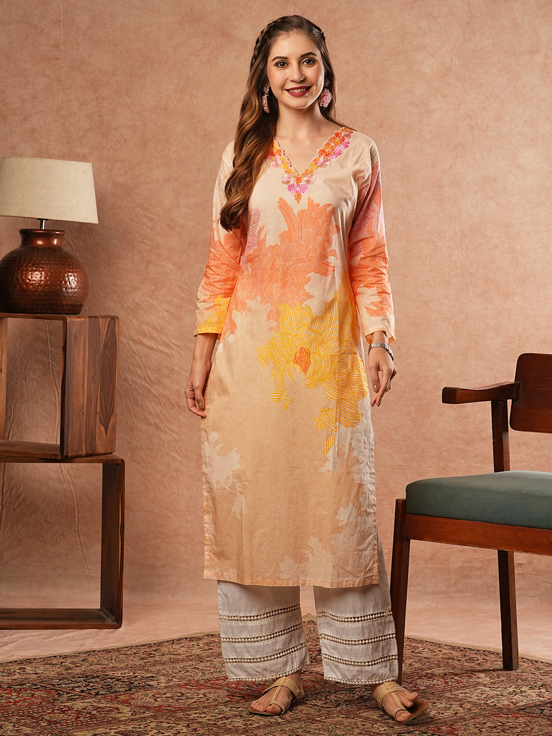Printed Resham Embroidered Kurta - Peach & Multi | LUXURY EMPORIUM | ONLY KURTA
