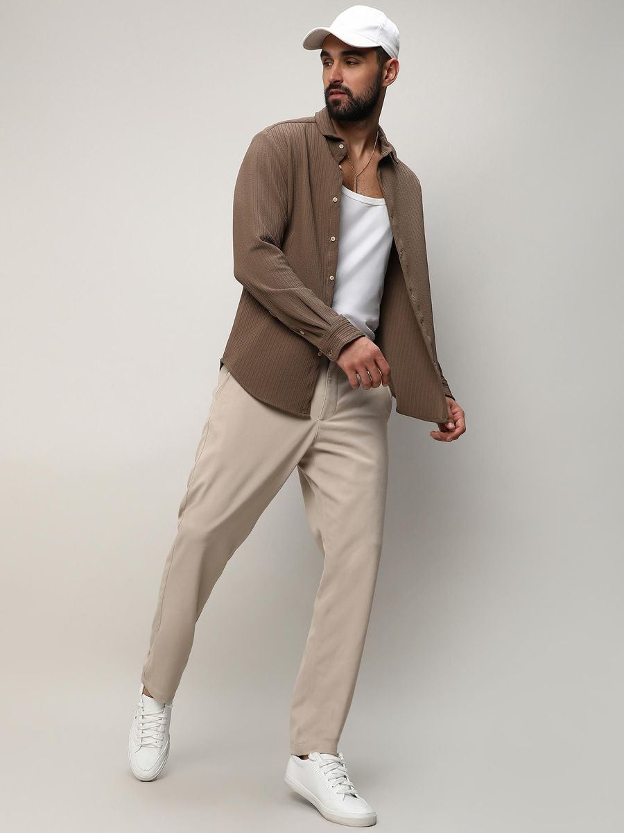 Mens Brown Stripe Creased Shirt | LUXURY EMPORIUM | CASUAL LOOK