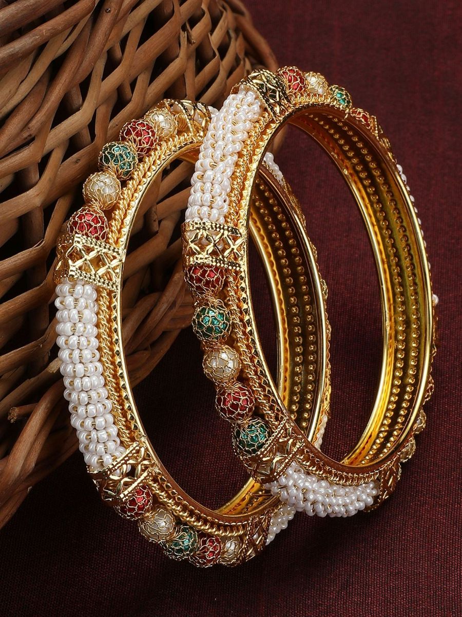 Luxury Emporium | Gold Plated Pearl Studded & Beaded Bangles (Set of 2)