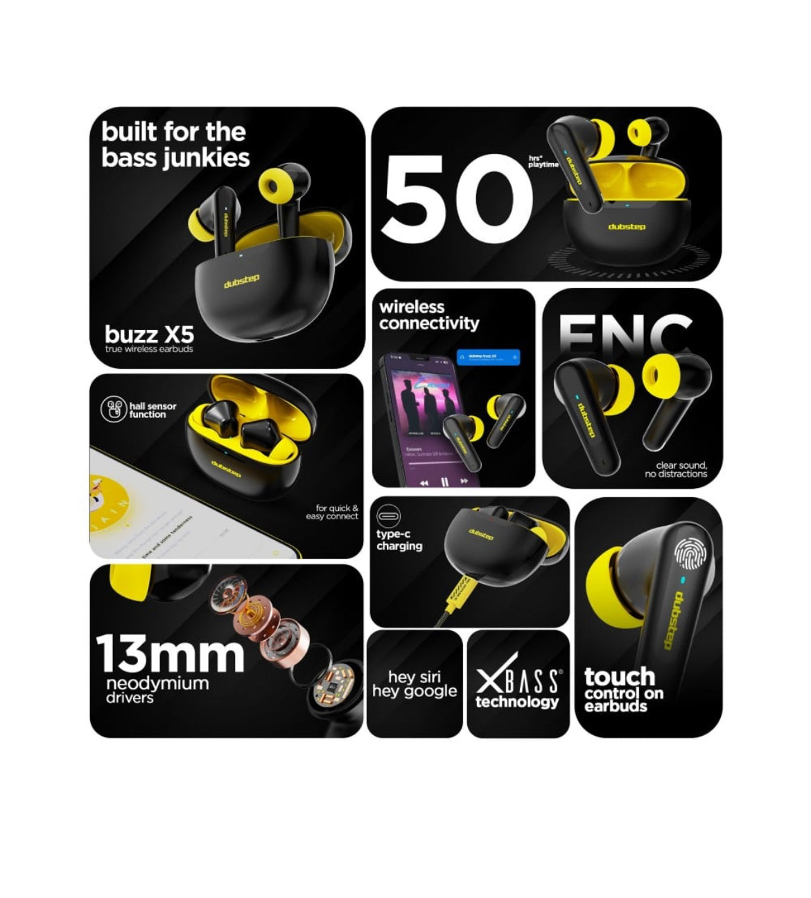 Dubstep Buzz X5 Earbuds BT 5.3, Type-C Fast Charging