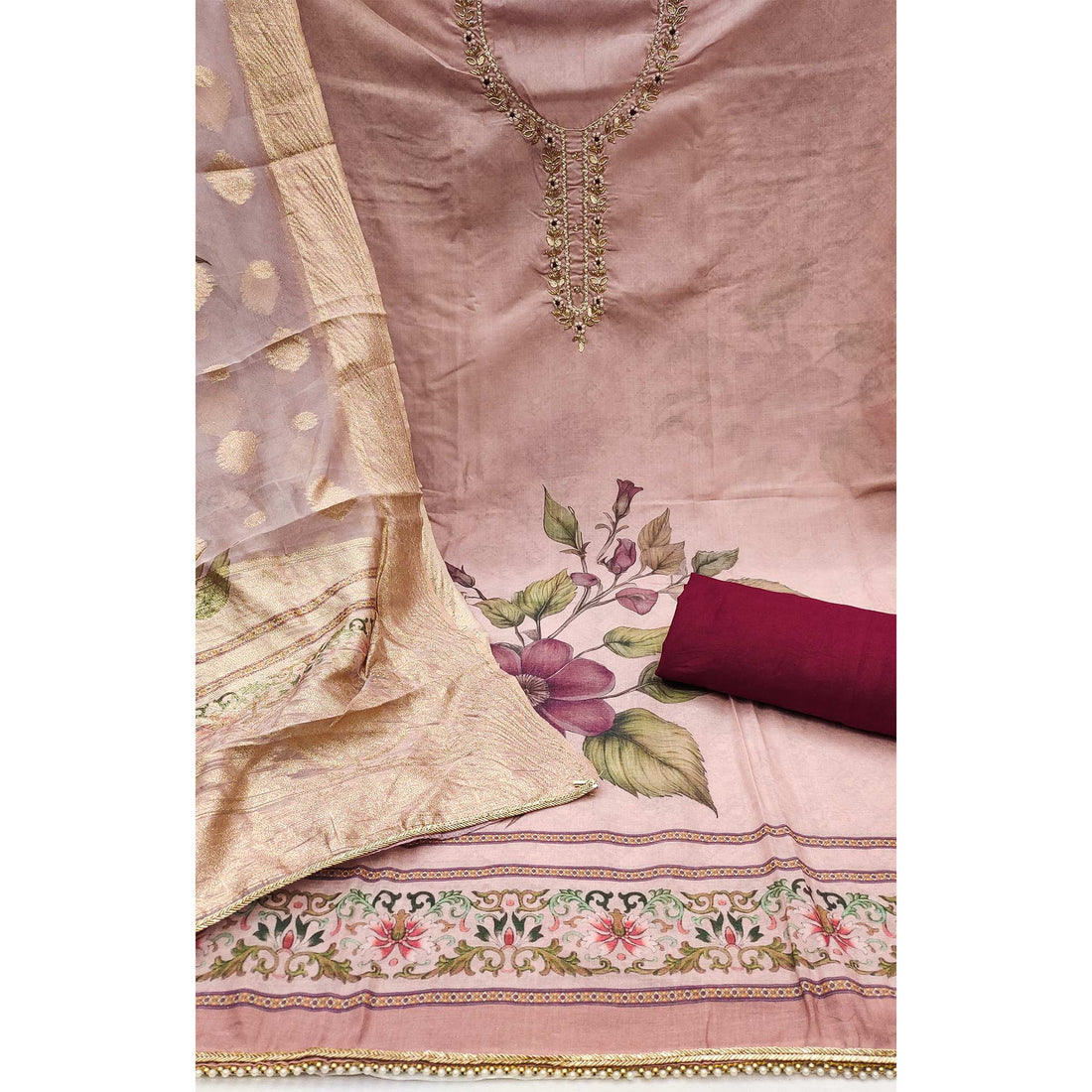 Peach Floral Digital Printed SUIT PIECE | Handwork Pure Cotton Dress Material|LUXURY EMPORIUM