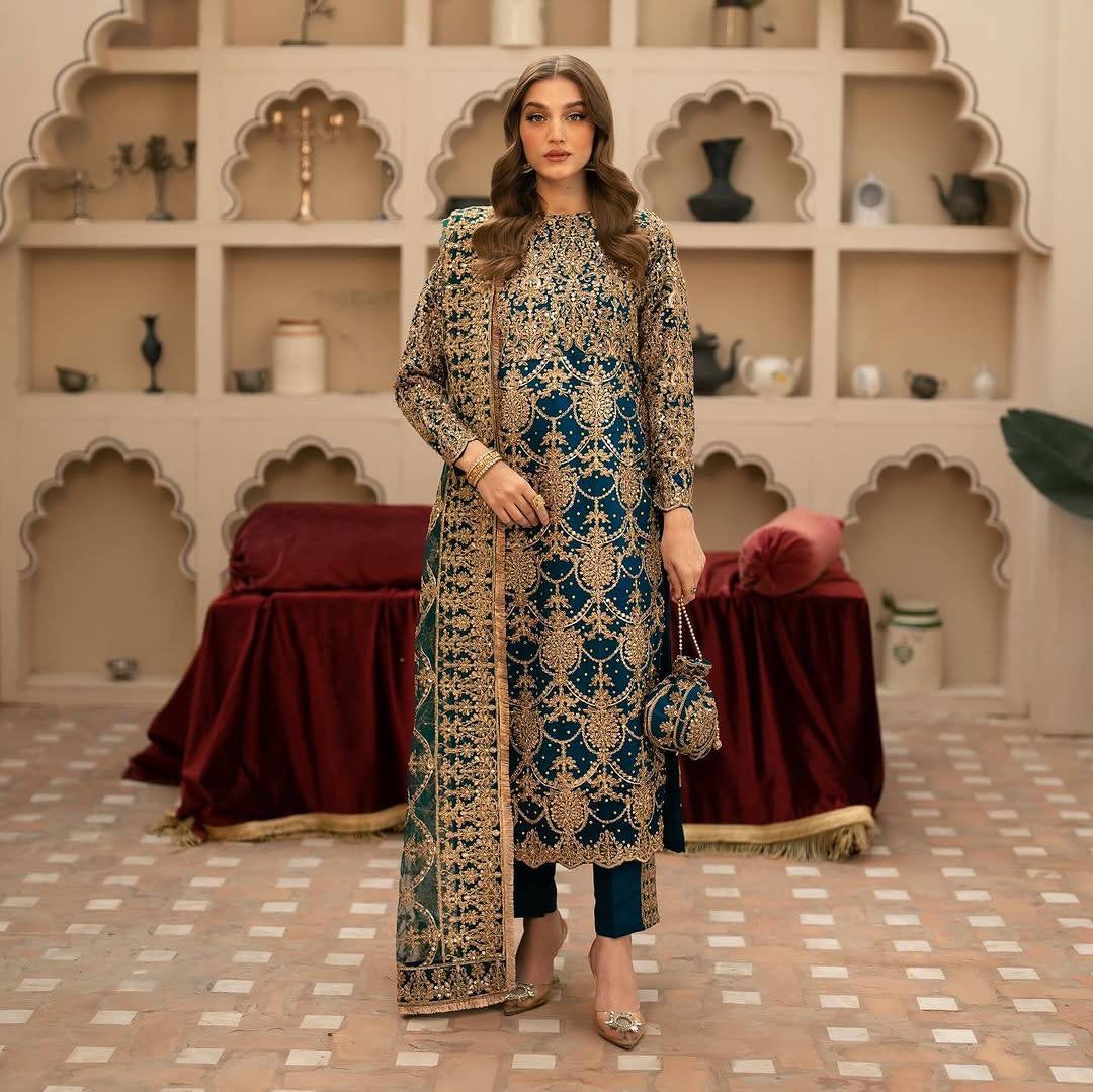 PARTYWEAR BRIDAL SUIT | Faux Georgette With 5mm Embroidery Sequence Work with beads work With Full Sleeve| LUXURY EMPORIUM