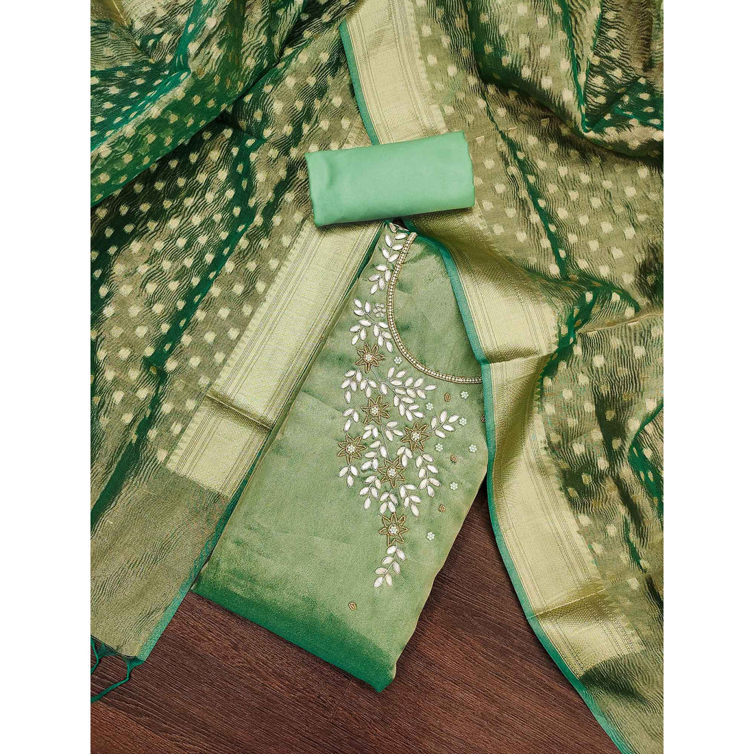 Green Moti & Gota Patti Handwork Viscose PARTY WEAR Dress Material| LUXURY EMPORIUM