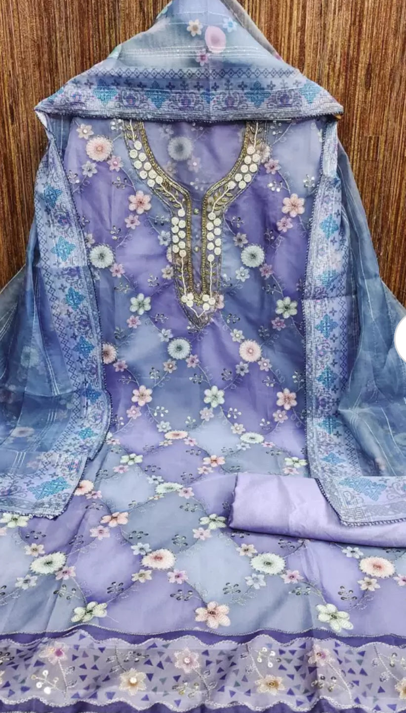 Light Purple Floral Sequins Embroidered Organza Dress Material