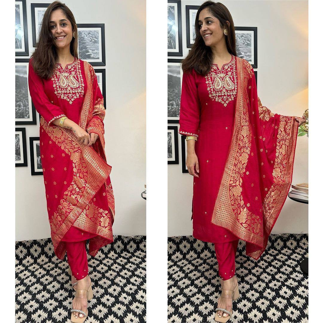 Red Roman Silk Suit | HEAVY FULLY STITCHED 3 pic SUIT SET| Luxury Emporium